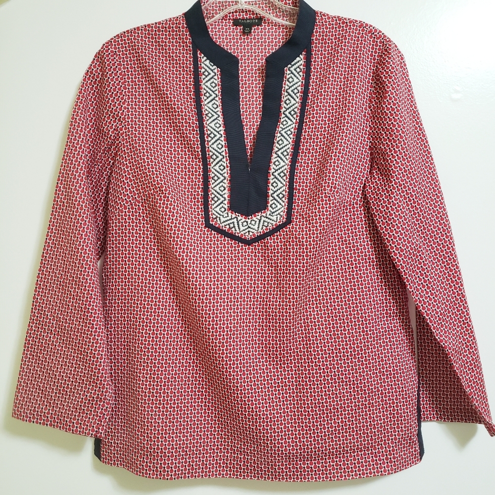 Talbots Split Neck Caftan Red White Blue Blouse